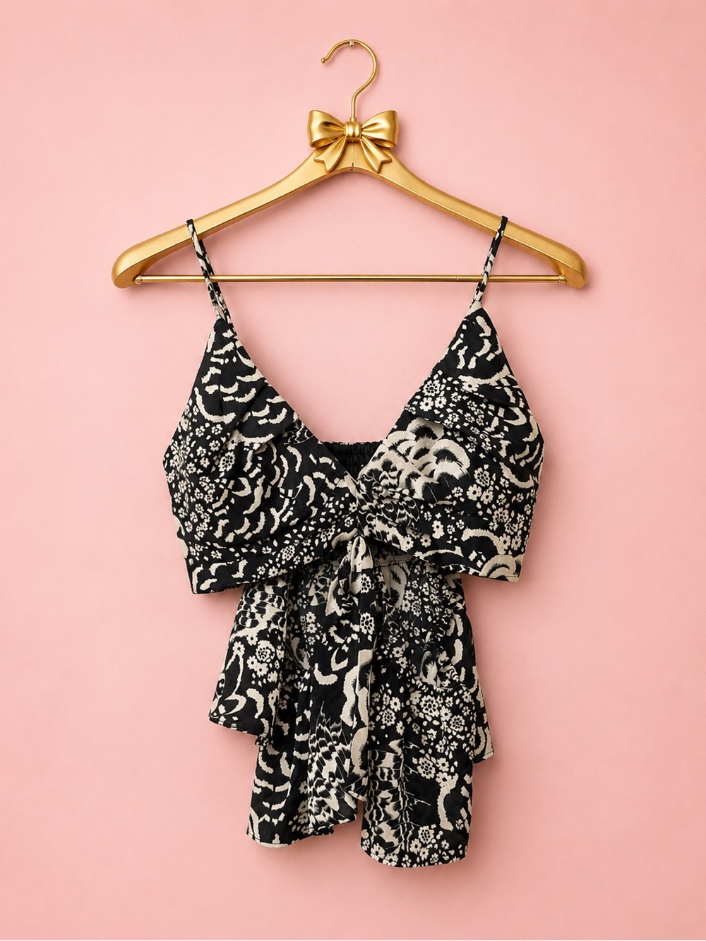 Zara Black & Cream Floral Tie-Front Cami